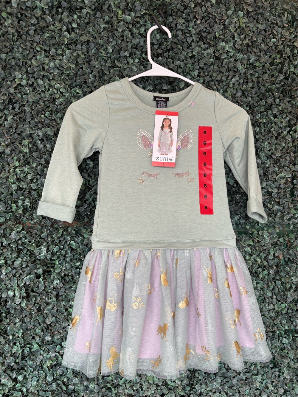 Zunie Mint Green Long Sleeve Unicorn Tulle Dress with Gold Accents